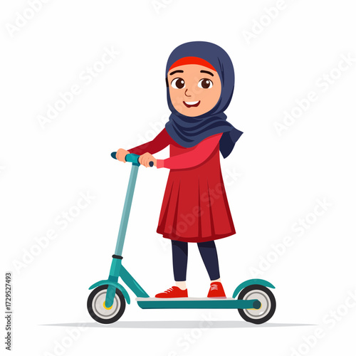Jolie jeune fille musulmane, voilée, mignonne et souriante, qui fait de la trottinette, arrière plan blanc uni