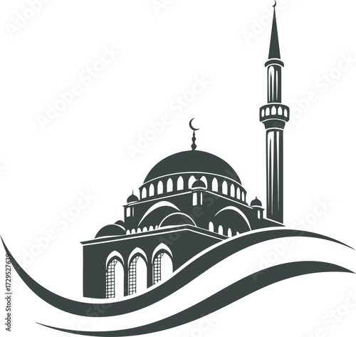 Iconic mosque silhouette with crescent moon and decorative waves religious symbol