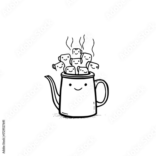 A cartoon teapot filled with smiling marshmallows and steam in a simple black and white drawing style