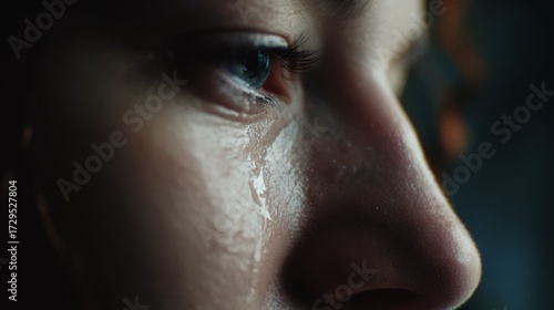 Emotional close-up of a person's tearful eye reflecting deep feelings in a dim setting