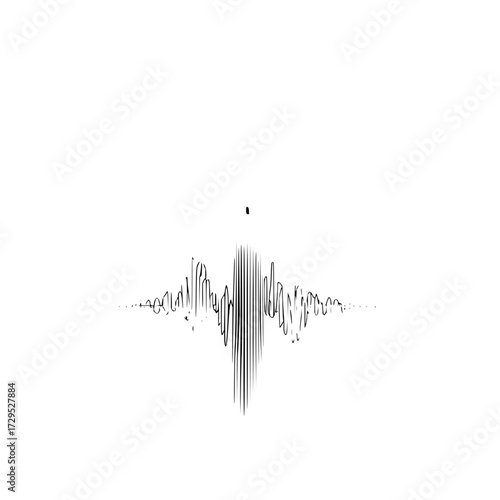 Black and white image of a sound wave with a small black dot above the center of the wave form art