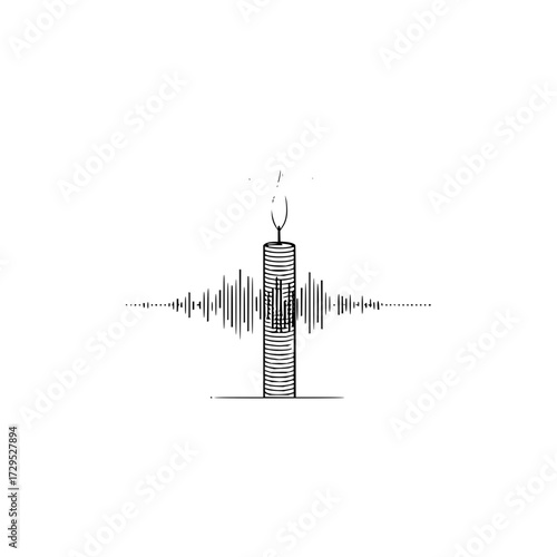 A candle with a flame and sound wave emanating from it on a white background in a minimalist style