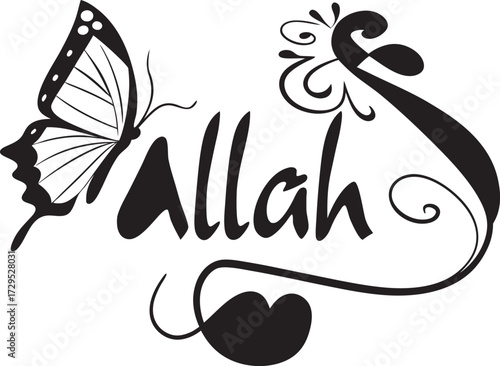 Elegant allah calligraphy with butterfly and heart design for islamic art and decor