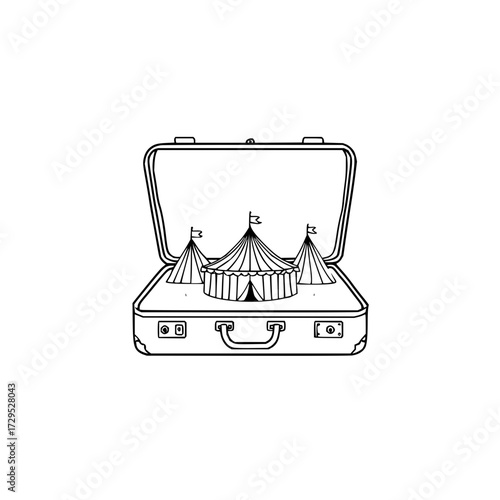 Open suitcase containing three circus tents with flags on top in a black and white line drawing style