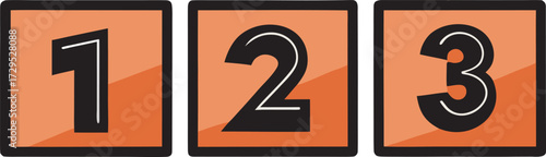 Three shiny numbers 1 2 3 on orange squares perfect for learning and design