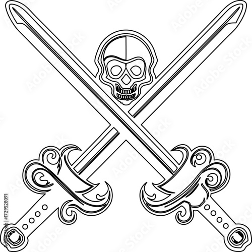 Intimidating skull and crossed swords emblem for design and projects