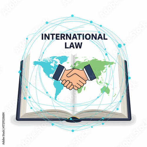 Illustration depicting international law, with a handshake over a world map inside an open book.
