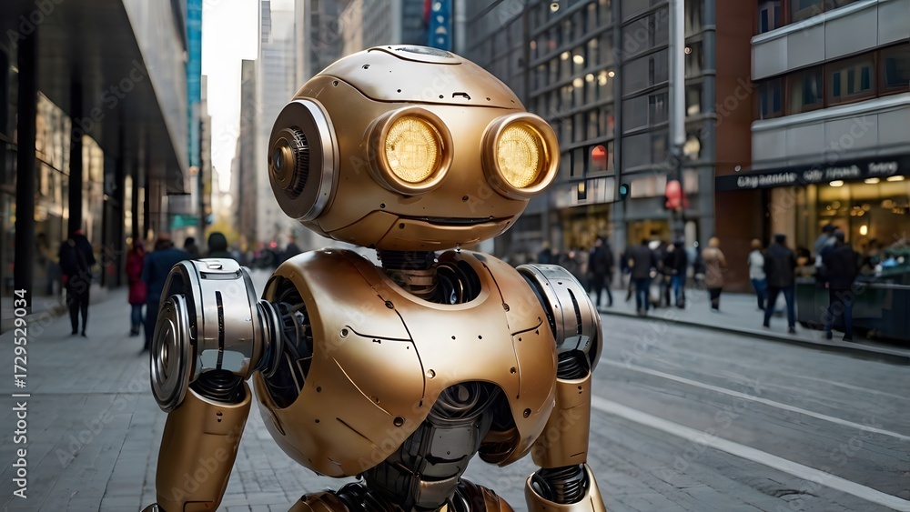 Fototapeta premium Potato Robot – A humanoid robot made of potatoes and metallic parts, standing proudly in a futuristic city 3