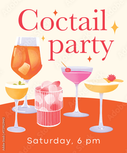 Colorful cocktail party invitation illustration with various drinks in stylish glasses. Festive summer poster design with cocktails, ice, fruits and elegant text. Perfect for party or event promotion