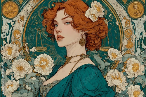 Libra zodiac woman in Art Nouveau style with red hair, white peonies, golden jewelry and ornate astrological background illustration