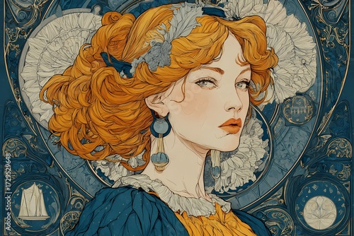 Libra zodiac woman in Art Nouveau style with golden hair, blue earrings, white flowers and ornate decorative astrology background illustration