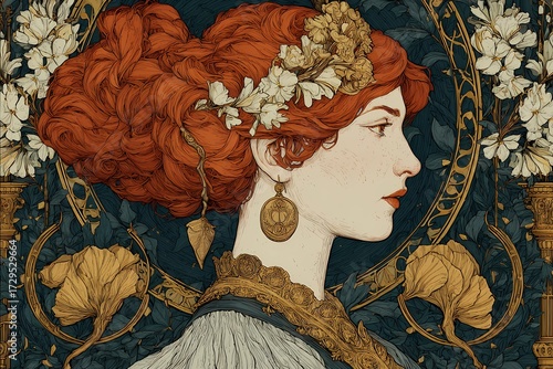 Libra zodiac woman in Art Nouveau style with red hair, golden crown, white blossoms and ornate decorative astrology background illustration
