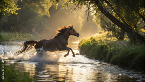 A powerful brown horse mid-leap through a shallow, glassy stream at golden hour. Water splashes dramatically around its hooves in radiant droplets, catching the warm glow of the low sun.
