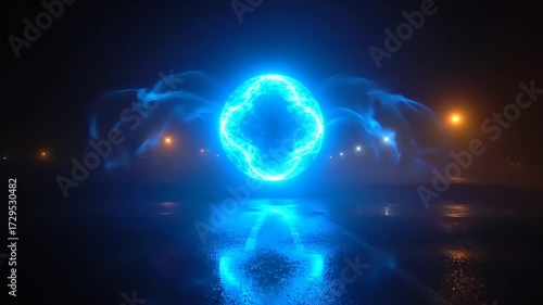 Wallpaper Mural Futuristic Blue Neon Light Portal Pulsating Over a Dark, Reflective, Misty Surface. Torontodigital.ca