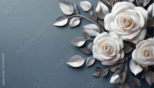 a minimalist floral composition featuring white roses and silver leaves on the right side