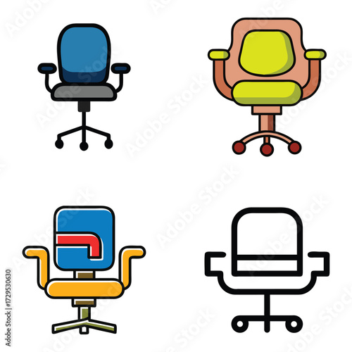 Different office chairs in a flat design style on a white background. Ergonomic Swivel Office Chairs Icon Set