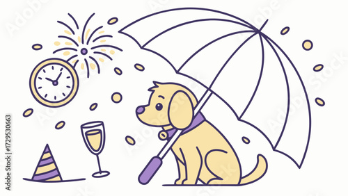 Cute SVG of a Bashful Golden Retriever in New Beginnings colors, featuring under an umbrella in a New Year's Eve/Day setting