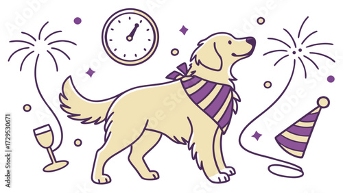 New Beginnings colored Golden Retriever with a Funny touch, placed in a New Year's Eve/Day theme and styled with with a scarf