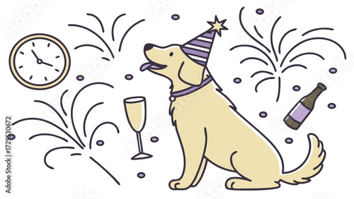 New Beginnings colored Golden Retriever with a Amused touch, placed in a New Year's Eve/Day theme and styled with with a tiny crown