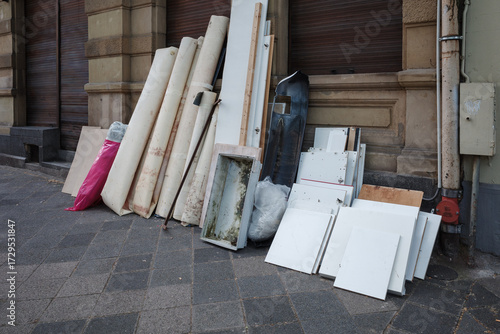 Photography A pile of bulky waste, known as Sperrmüll in Germany, sits on a city sidewalk in Berlin awaiting collection