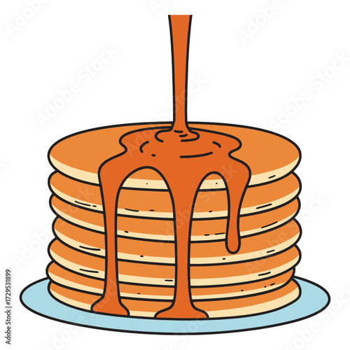 Hand-drawn cartoon illustration of a delicious stack of pancakes with sweet maple syrup poured over the top, isolated on a white background. A classic breakfast meal