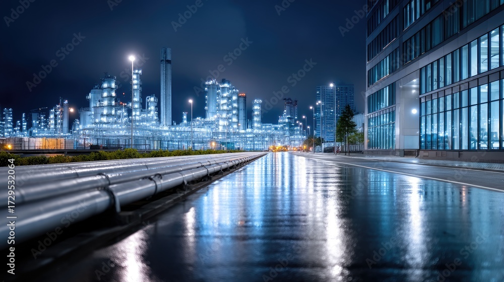 Fototapeta premium Illuminated Oil Refinery at Night with Blue Tint Reflection in Foreground