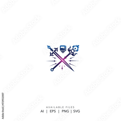 Gaming clan logo with crossed sword and magical staff, Modern fantasy brand identity with shield and crossed weapons