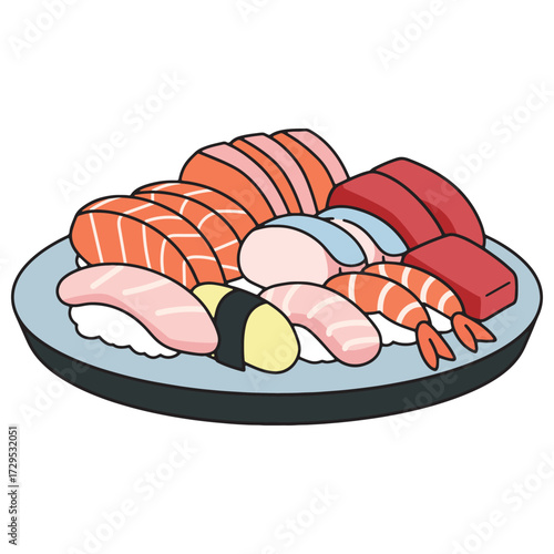 Assortment of Fresh Seafood Sushi and Nigiri on a Plate