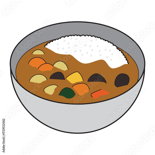 A simple vector illustration of a hearty bowl of Japanese curry rice with vegetables, a classic and comforting Asian dish