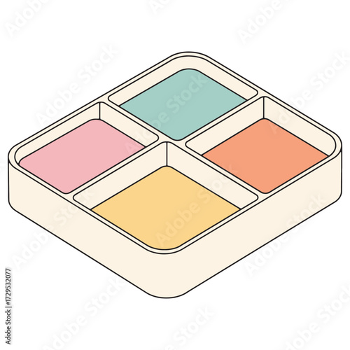 A colorful four-compartment tray illustration, ideal for organizing snacks, food, or small items for neatness