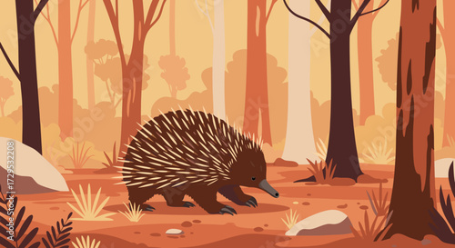 Echidna foraging in Australian eucalyptus forest during sunset, vector  