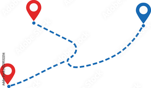 Route map icon, travel path, location markers, navigation graphic, journey, logistics, blue dashed line, red pin, destination, start point, curved route, isolated, transparent, vector, planning