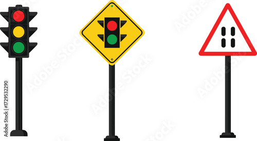 Traffic signal icon set, road signs, speed bump warning, red light, yellow diamond, safety, alert, regulation, control, black illustration, signage, transport, urban, isolated, vehicle
