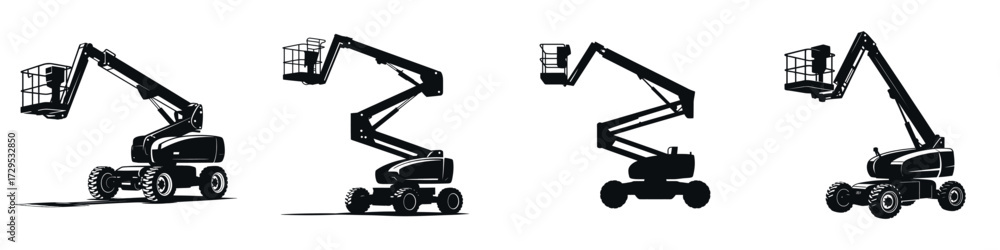 Naklejka premium Boom Lift Vector Icons Set – Aerial Work Platform, Construction Lift, Telescopic Lift, Articulating Boom, Industrial Equipment, Heavy Machinery for Building, Repair and Maintenance Projects