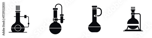 Laboratory Equipment Vector Icons Set – Scientific Glassware, Distillation Apparatus, Chemistry Tools, Research Instruments, Educational Illustration for Science and Medicine