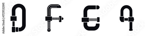 Clamp Tool Vector Icons Set – C Clamp, G Clamp, F Clamp, Industrial Tools, Workshop Equipment, Engineering Devices, Construction and Carpentry Illustration in Black Silhouette Style