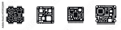 Electronic Circuit Board Vector Icons Set – Microchip, Processor, Computer Hardware, Motherboard Design, Integrated Circuit, Technology Illustration for Engineering, Robotics, and Digital Devices