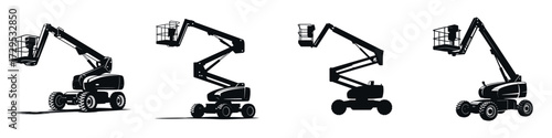 Boom Lift Vector Icons Set – Aerial Work Platform, Construction Lift, Telescopic Lift, Articulating Boom, Industrial Equipment, Heavy Machinery for Building, Repair and Maintenance Projects