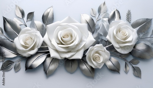 a minimalist floral composition featuring white roses and silver leaves