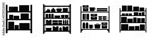 Storage Shelf Vector Icons Set – Warehouse Shelving, Pantry Rack, Industrial Storage System, Household Organizer, Logistics Equipment, Retail Display and Stockroom Illustration in Silhouette Style
