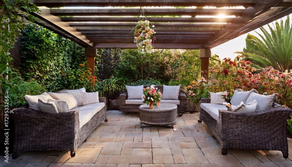 Fototapeta premium serene patio garden oasis featuring lush greenery blooming flowers and elegant stone paving perfect for relaxation and outdoor entertaining foliage decor furniture