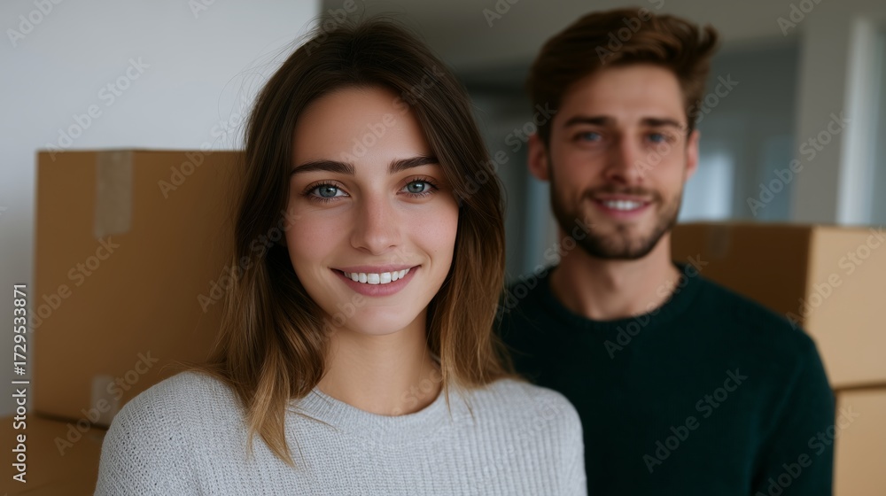 Obraz premium A portrait of a man and woman taking a break from moving, surrounded by cardboard boxes in a bright room.