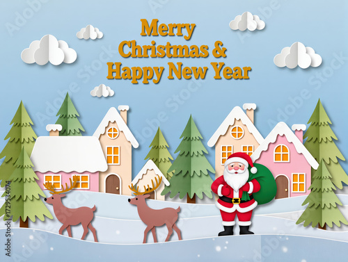 Christmas card with Santa Claus and his reindeer.