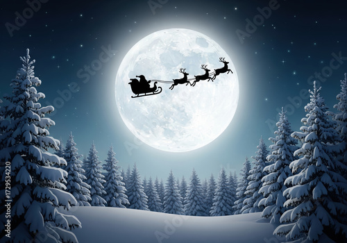 Christmas card with Santa Claus and his reindeer.