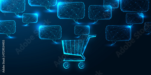 AI shopping and smart commerce communication concept. Glowing digital cart and speech bubble network