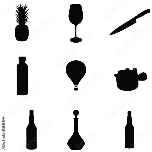 Collection of diverse silhouette icons including food, drink, travel, and kitchen essentials for modern design projects