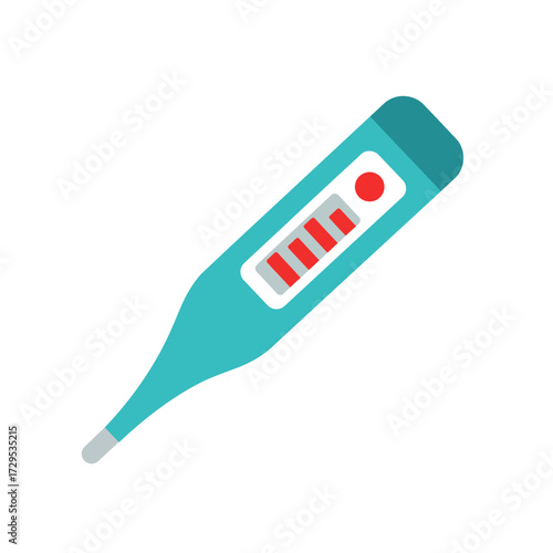 Digital thermometer for measuring body temperature, featuring a red and white display indicating fever or normal readings on a teal body with a grey tip