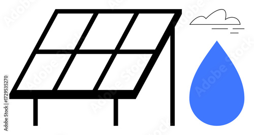 Solar panel absorbing energy flanked by a blue water drop and small cloud. Ideal for renewable energy, sustainability, climate solutions, water conservation, eco-awareness, green technology, clean