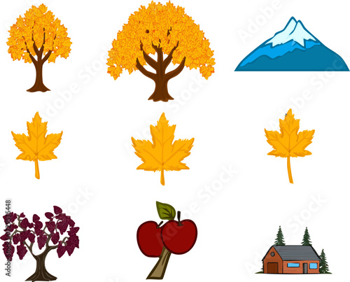 a collection of cartoon icons depicting different types of trees and houses in autumn colors