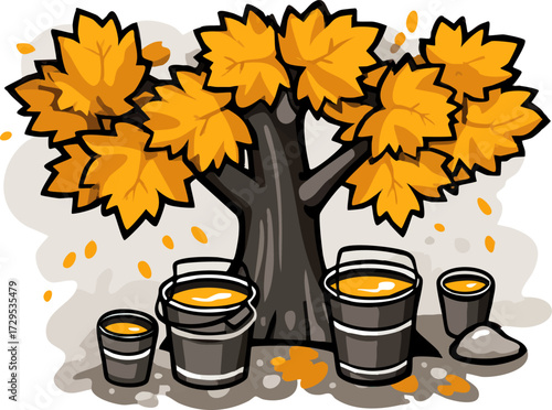 a cartoon-style illustration of an autumn tree with vibrant yellow leaves